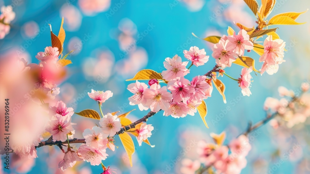 Fully bloomed cherry blossom branches under a clear blue sky Fully bloomed cherry blossom branches under a clear blue sky