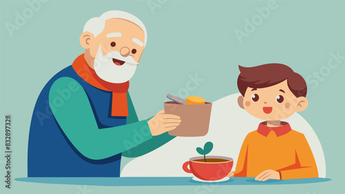 An elderly man passes down his beloved soup recipe to his grandchild imparting not only culinary skills but also a piece of family heritage.. Vector illustration