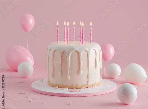 White birthday cake with candles on pastel pink background, minimalism, simple design, 