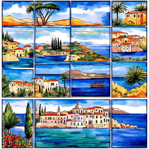 A set of colorful hand-painted tiles Transparent Background Images 