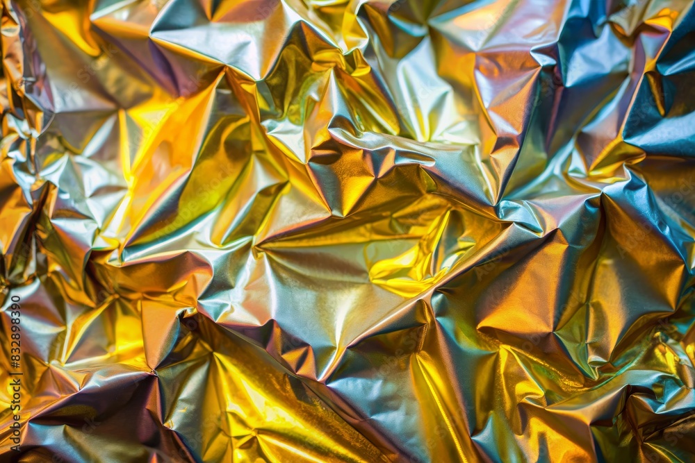 Iridescent Crumpled Foil. Abstract Modern pastel colored holographic background in 80s style. Crumpled iridescent foil textile real texture. Synthwave. Vaporwave style. Retrowave, retro futurism