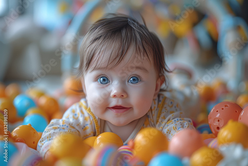 A baby babbling happily as they play with colorful toys. Concept of language development and sensory exploration. Generative Ai.