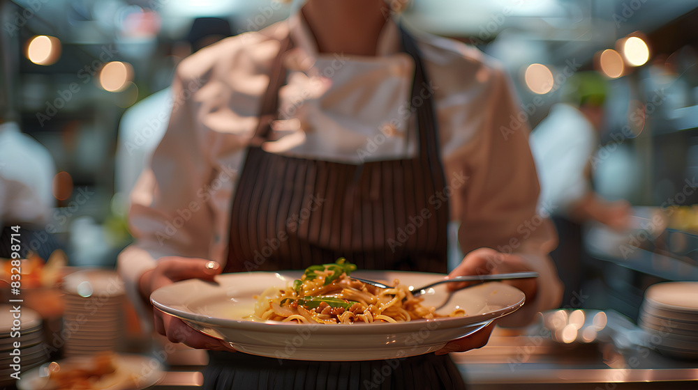 Closeup waitress in uniform holding a tray with food Closeup waitress in uniform holding a tray with food