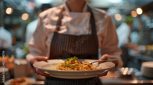 Closeup waitress in uniform holding a tray with food