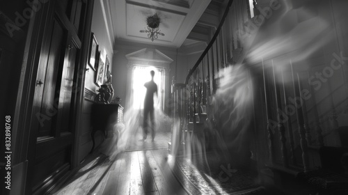 ghost or specter inside a house in the black and white room
