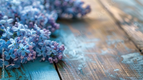 Close up of blue lilac branches on a wooden surface Delicate blue lilac branches creating an abstract background