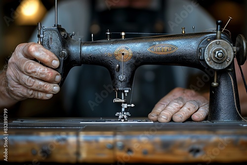Close up of a  vintage sewing machine with worn hands on it. photo