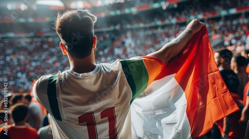 A man is standing in a stadium with crowd of people watching a soccer game Football fan celebrating a goal or victory photo