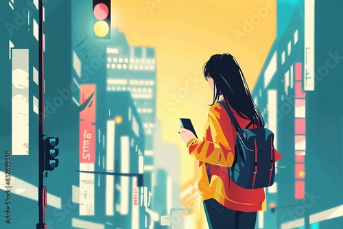 modern woman multitasking on smartphone in vibrant city vector illustration