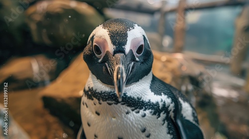African penguin tidies up its feathers in a close up shot photo
