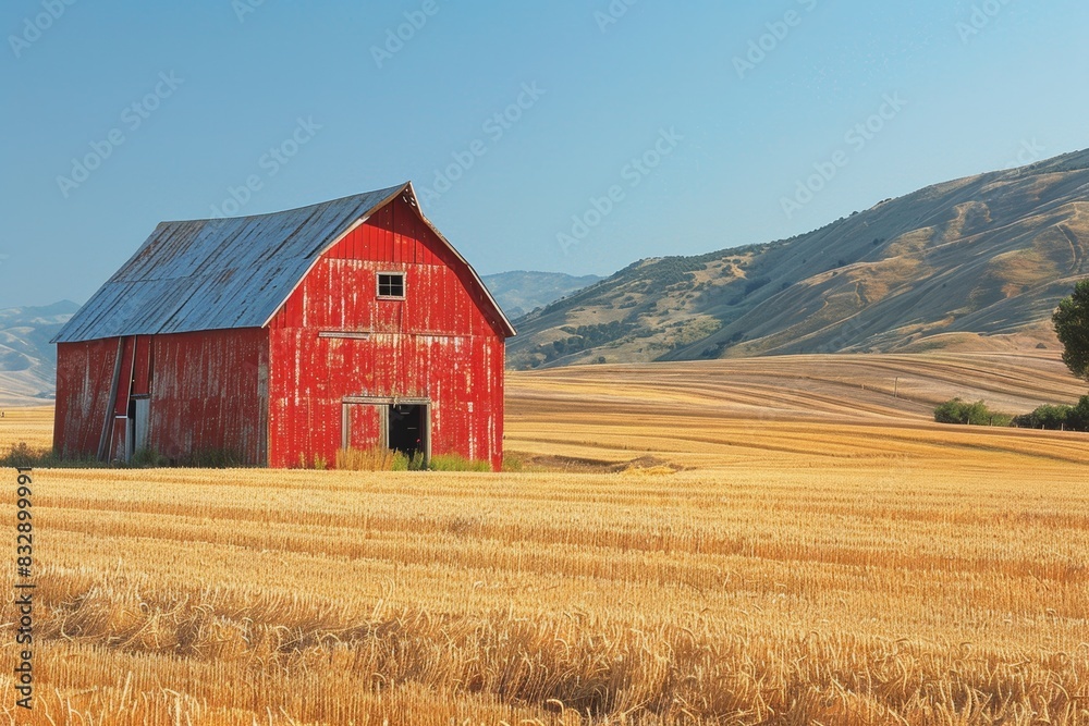 Obraz premium rural landscape illustration, a vintage red barn stands amidst golden wheat fields under a bright blue sky, showcasing the allure of rural living
