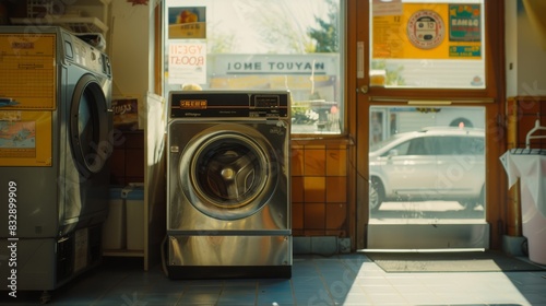 Coin operated washing machine businessA coin-operated washing machine in a rural laundromat. photo