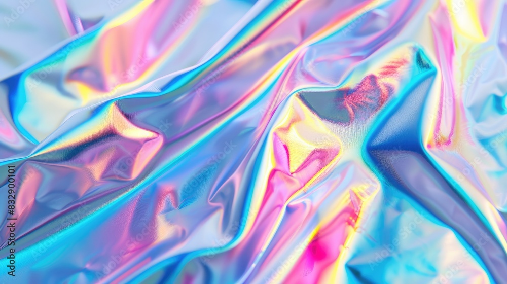 Fototapeta premium Close up of iridescent holographic metallic foil background with pastel neon colors Abstract contemporary blurred curved surreal futuristic backdrop for disco rave techno and festive dreamli