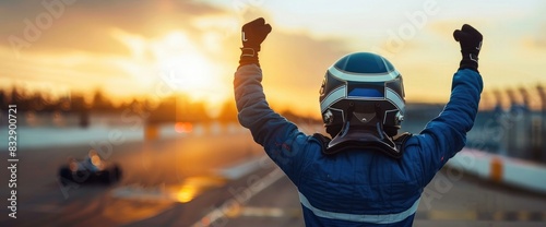 Racing driver celebrating victory in a car race, standing with raised hands on the track at sunset, wearing a blue suit and helmet, back view. Highly detailed, ultra realistic photo photo