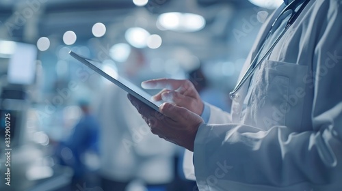 Wallpaper Mural Doctor with Digital Tablet: Depict a close-up photo of a doctor holding a digital tablet, reviewing patient records or medical data.  Torontodigital.ca