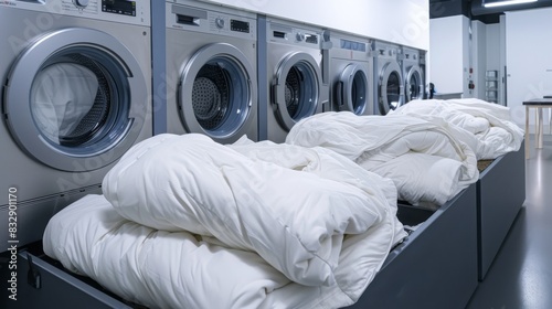 Coin operated washing machine businessA coin-operated washing machine with a load of white linens inside. photo