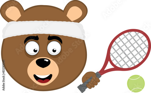 vector illustration face brown bear grizzly cartoon, with a tennis racket and ball