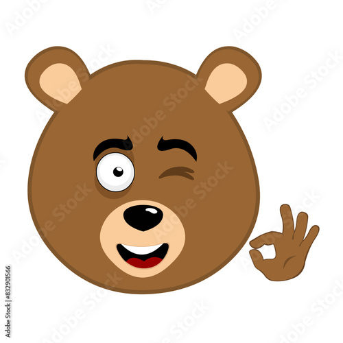 vector illustration face brown bear grizzly cartoon  winking eye and with his hand making an ok or perfect gesture