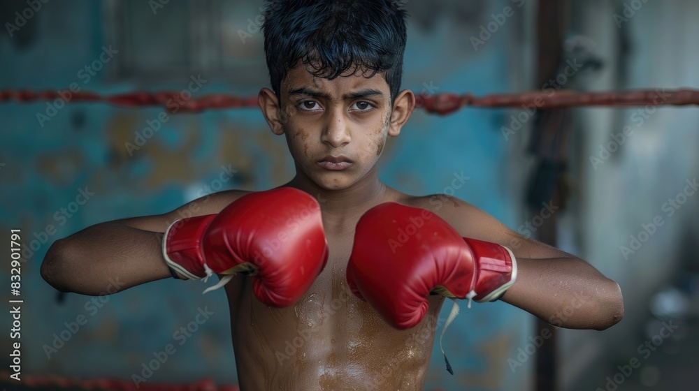 Young boxer from South Asia with red gloves