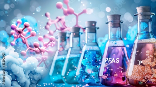 Warning sign PFAS in laboratory, concept of the harmful effects of chemicals on living organisms and health risk, banner photo