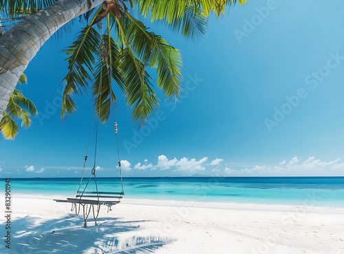 White sand beach with palm trees and a blue sky background in the Maldives islands, a tropical landscape panorama view with a hanging swing chair sofa for a summer vacation concept