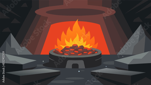 The glowing embers inside the coal furnace evoke a sense of danger and power a reminder that this is not a force to be reckoned with.. Vector illustration