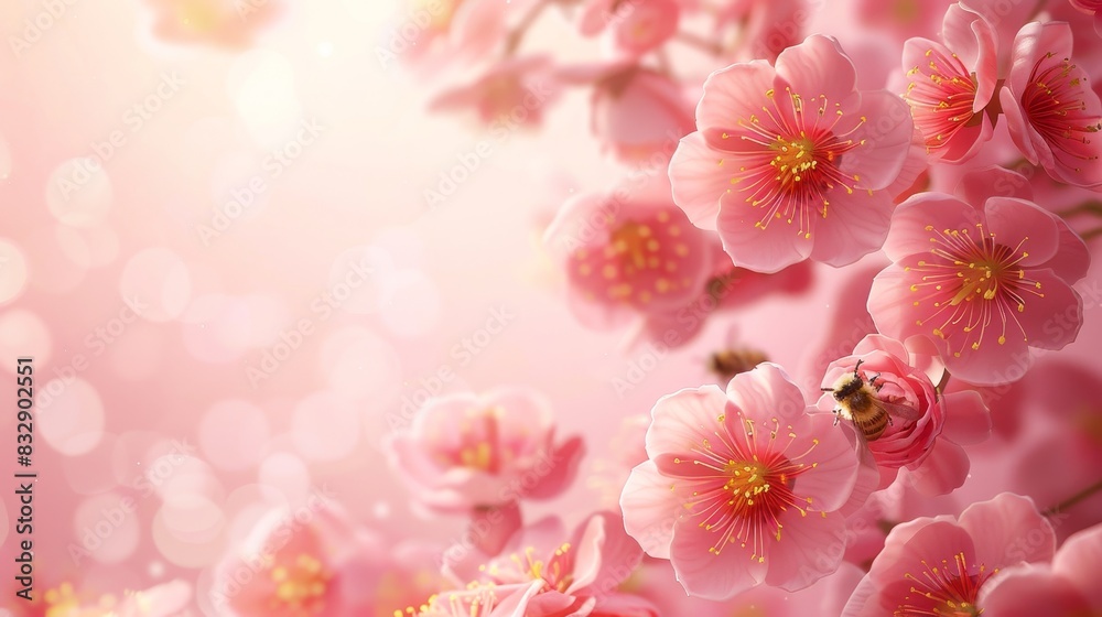 Pink spring flowers, neon art style, flat lay, sunlight, banner, empty space Pink spring flowers, neon art style, flat lay, sunlight, banner, empty space