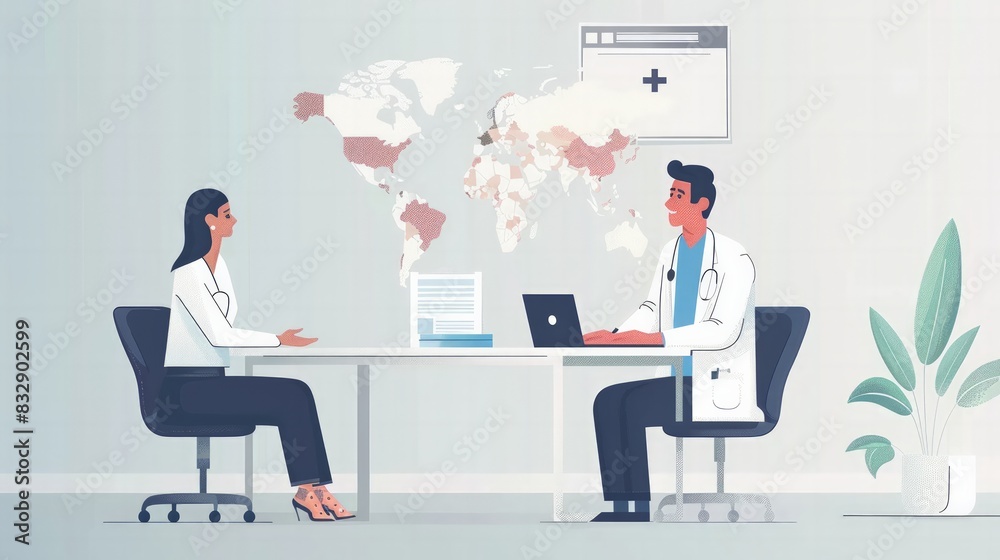 Global Health Consultation: Illustrate a doctor providing a virtual consultation to a patient from a different country, showcasing the global reach and accessibility of online healthcare services.