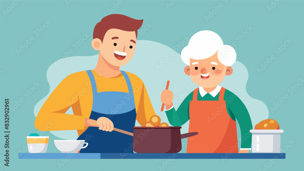A lively pair with an age gap of over seventy years joyfully bond over a shared love for cooking as they prepare a hearty casserole together.. Vector illustration A lively pair with an age gap of over seventy years joyfully bond over a shared love for cooking as they prepare a hearty casserole together.. Vector illustration