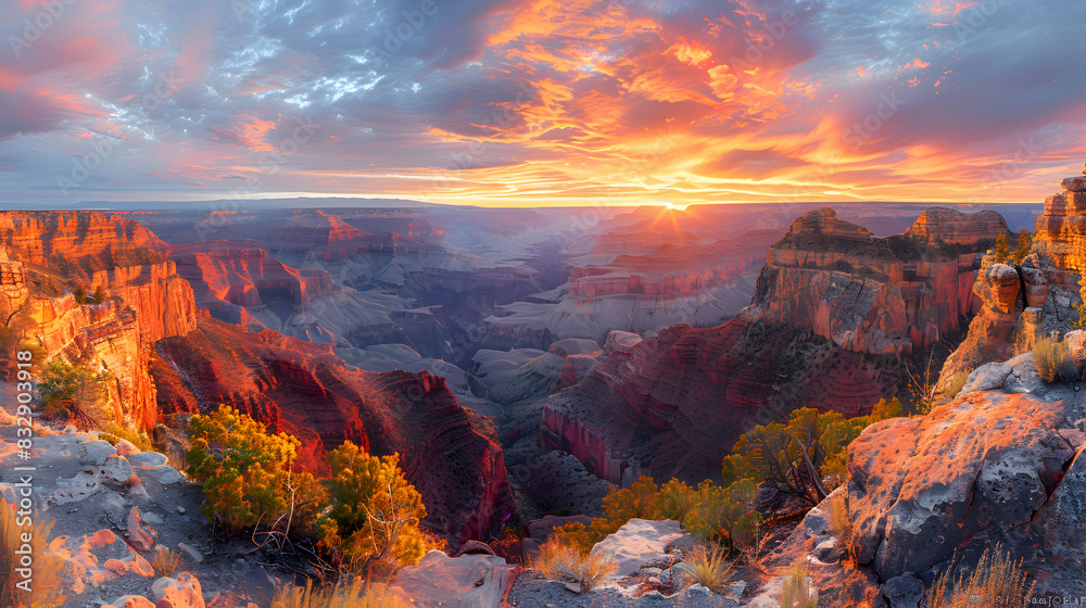 A nature gorge during sunset, the sky ablaze with colors, and the cliffs casting long shadows