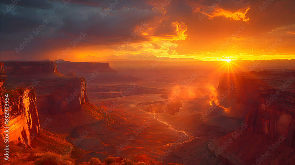 Fototapeta premium A nature gorge during sunset, the sky ablaze with colors, and the cliffs casting long shadows