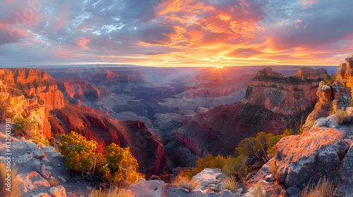 A nature gorge during sunset, the sky ablaze with colors, and the cliffs casting long shadows photo