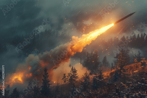 Long-range artillery rocket launcher raining down barrages of explosive projectiles on enemy fortifications from a safe distance. Concept of artillery bombardment and standoff warfare. Generative Ai. photo