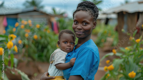 A volunteer nurse in a small impoverished African village holding a baby. Underdeveloped country. Volunteer medical assistant. photo