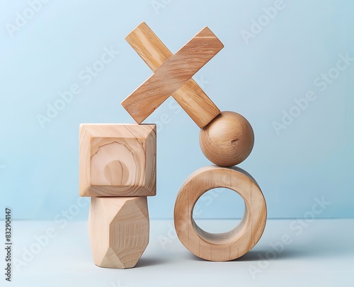 Wooden blocks of different shapes, stacked in the shape of X and O symbols on a light background