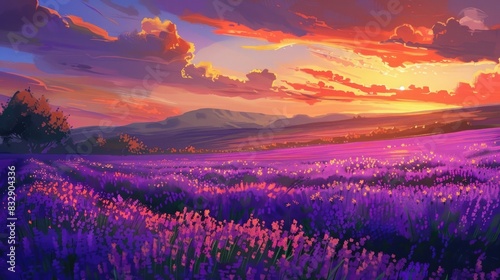 Sunset over lavender field, rural landscape