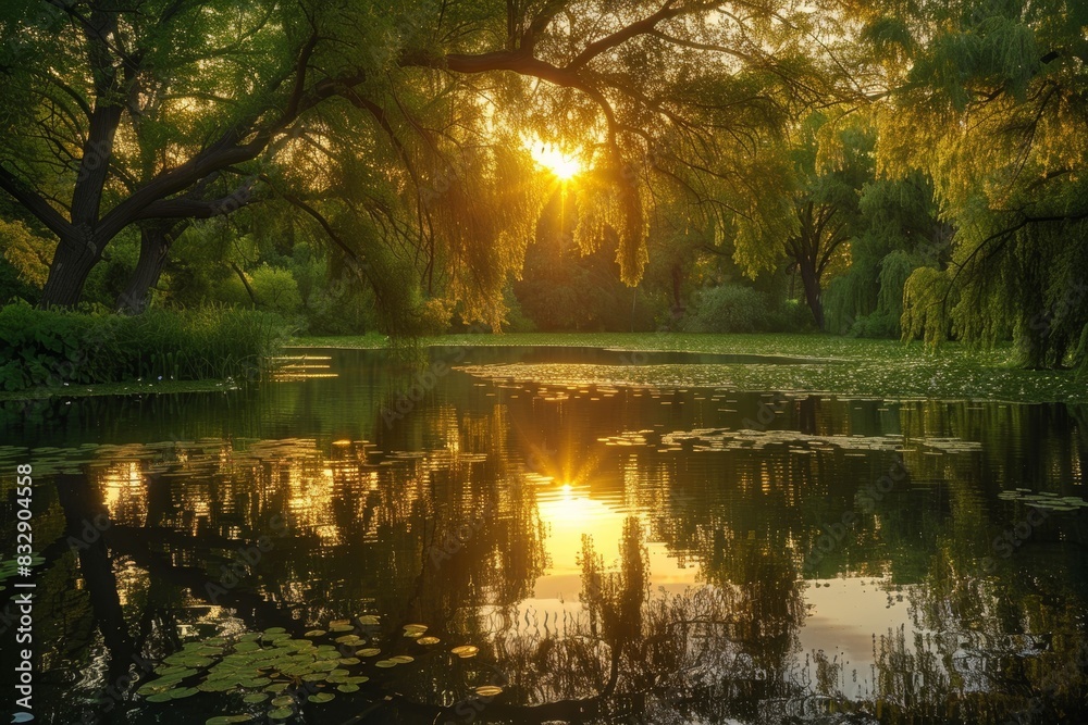 rural sunset haven, an idyllic scene a serene pond embraced by weeping willows, chirping birds, and the golden glow of a rural sunset, epitomizing country life in harmony