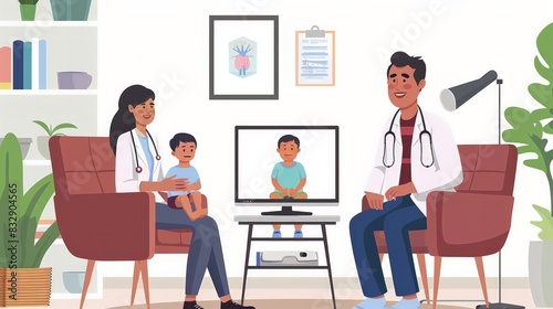 Online Pediatric Consultation: Capture a pediatrician providing an online consultation to a concerned parent and their child.
