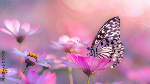 Butterfly Melanargia galathea resting on a pink flower in its environment with a blurred background photo