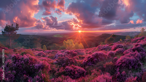 A nature heathland during sunset, the sky ablaze with colors, and the heather casting long shadows