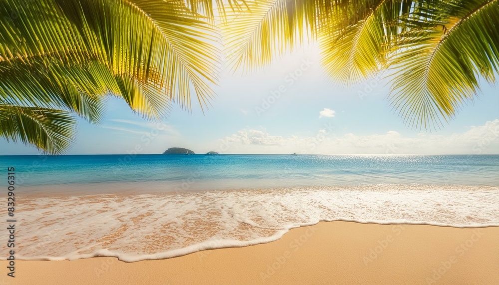 A stunning panoramic view of a paradise beach with golden sand and blurred palm leaves. Perfect for a summer banner. A stunning panoramic view of a paradise beach with golden sand and blurred palm leaves. Perfect for a summer banner.