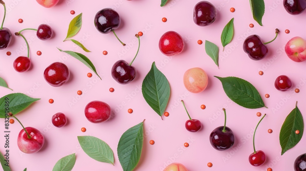 Colorful Cherry Berries and Leaves Pattern on Pink Background from Above Colorful Cherry Berries and Leaves Pattern on Pink Background from Above