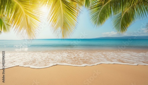 A stunning panoramic view of a paradise beach with golden sand and blurred palm leaves. Perfect for a summer banner.