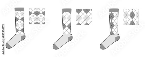 Socks Set with argyle pattern and print swatches. Fashion hosiery accessory clothing technical illustration stocking. Vector side view for Men, women unisex style, flat template sketch isolated