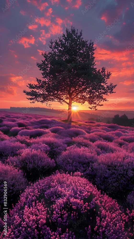 Fototapeta premium A nature heathland scene with a lone tree silhouetted against the setting sun, the sky glowing with vibrant colors