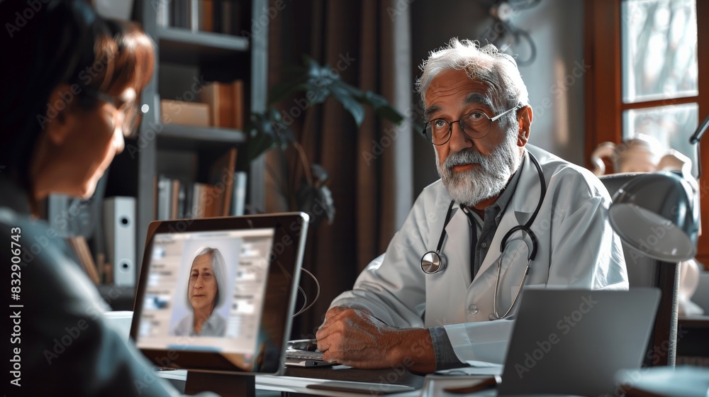 Senior Patient Virtual Check-Up: Depict a senior patient having a virtual check-up with their doctor, showcasing the doctor on a computer screen and the patient at home. Senior Patient Virtual Check-Up: Depict a senior patient having a virtual check-up with their doctor, showcasing the doctor on a computer screen and the patient at home.