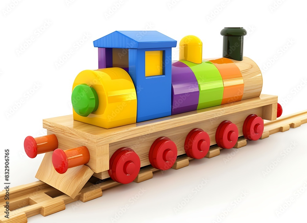 Wooden toy train with colorful blocks isolated on white background, 3D rendering, stock photo Wooden toy train with colorful blocks isolated on white background, 3D rendering, stock photo