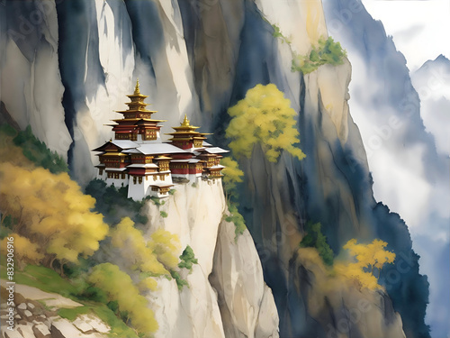 Paro Taktsang Bhutan Country Landscape Watercolor Illustration Art	 photo