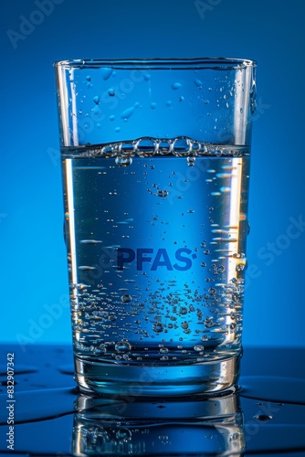 Glass of contaminated drinking water, warning sign PFAS, concept of protection and survival, toxicity, health risk, banner, vertical background