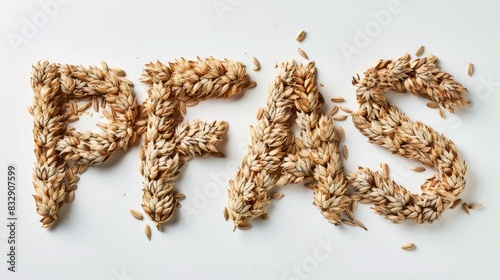 PFAS inscription on wheat ears, white background, flat lay, ecology and environment pollution concept, banner
